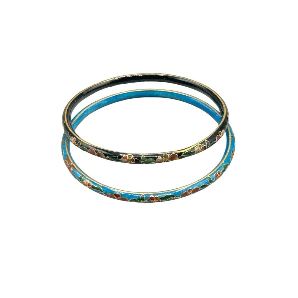 Set of 2 Cloisonne Enamel Bangles with Floral Design Black & Blue Thin Bracelets